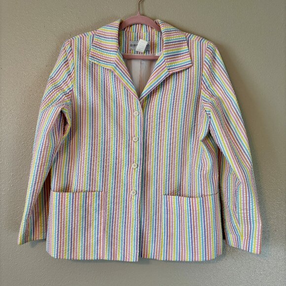 Adorable White Seersucker Jacket with Rainbow Pastel Striped‎ Jacket Womens - Picture 7 of 10